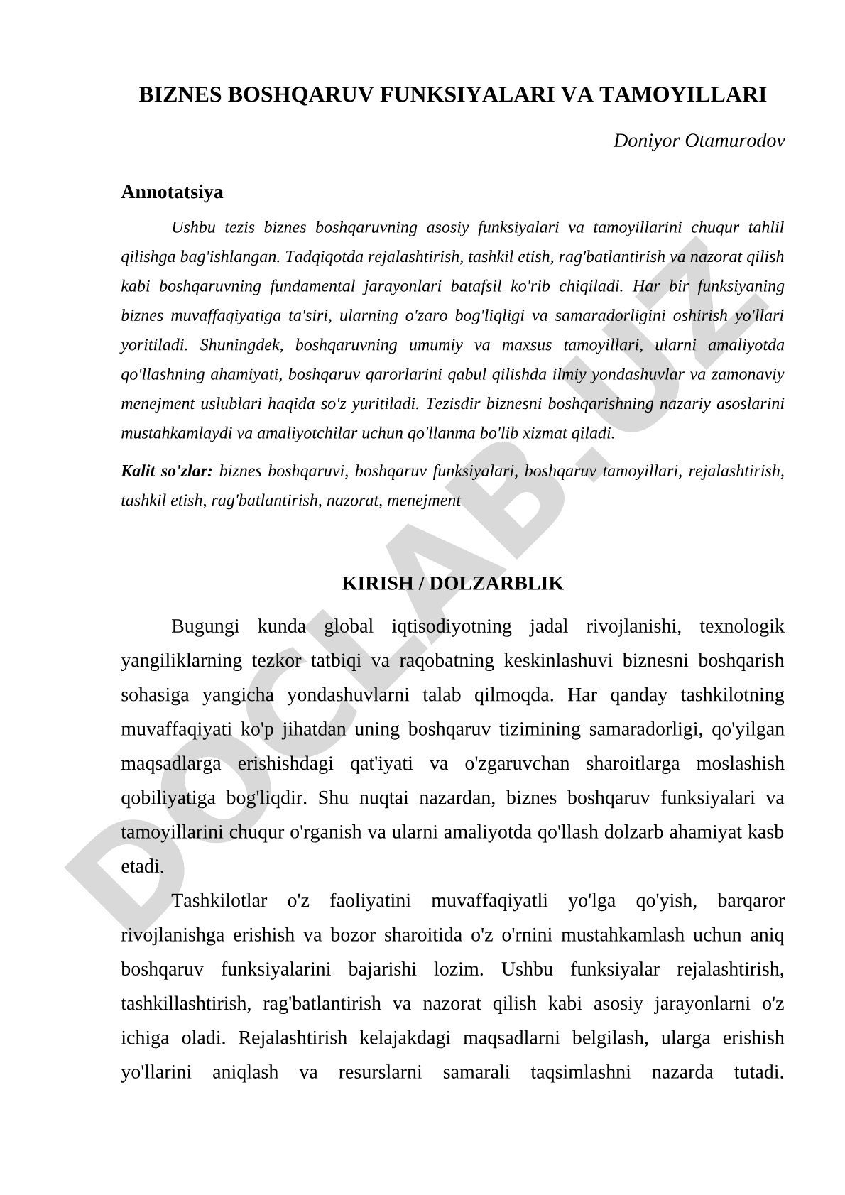 Biznes boshqaruv funksiyalari va tamoyillari