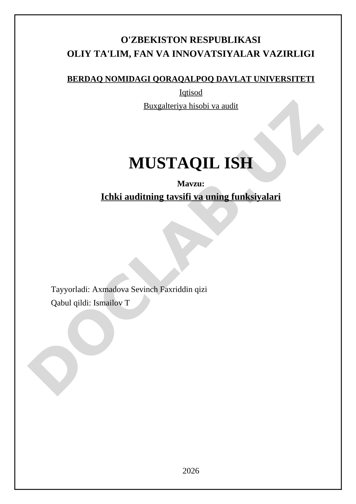 Ichki auditning tavsifi va uning funksiyalari