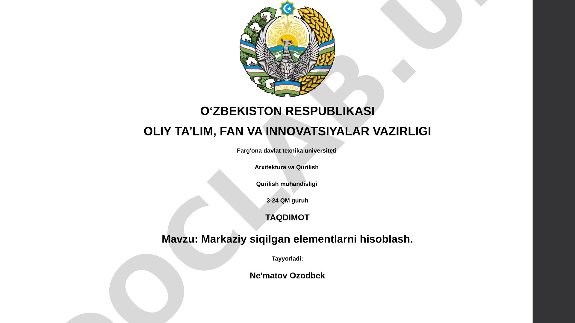 Markaziy siqilgan elementlarni hisoblash