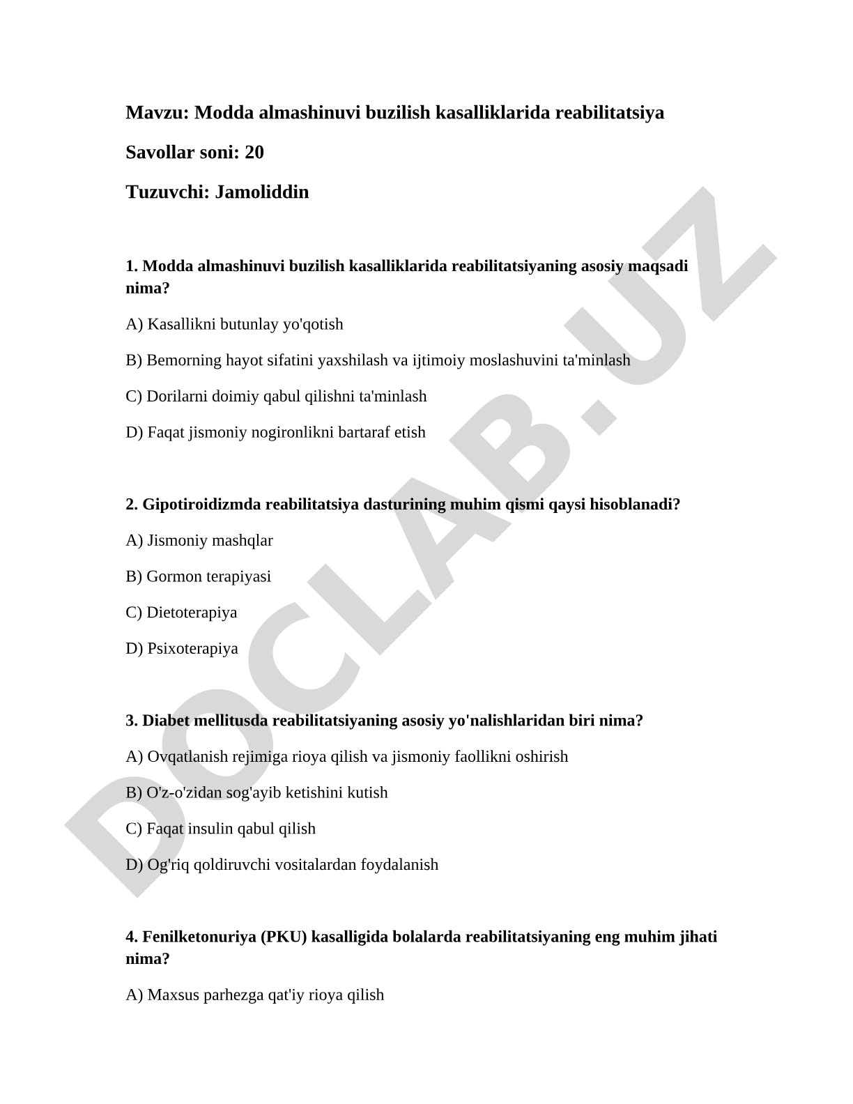 Modda almashinuvi buzilish kasalliklarida reabilitatsiya