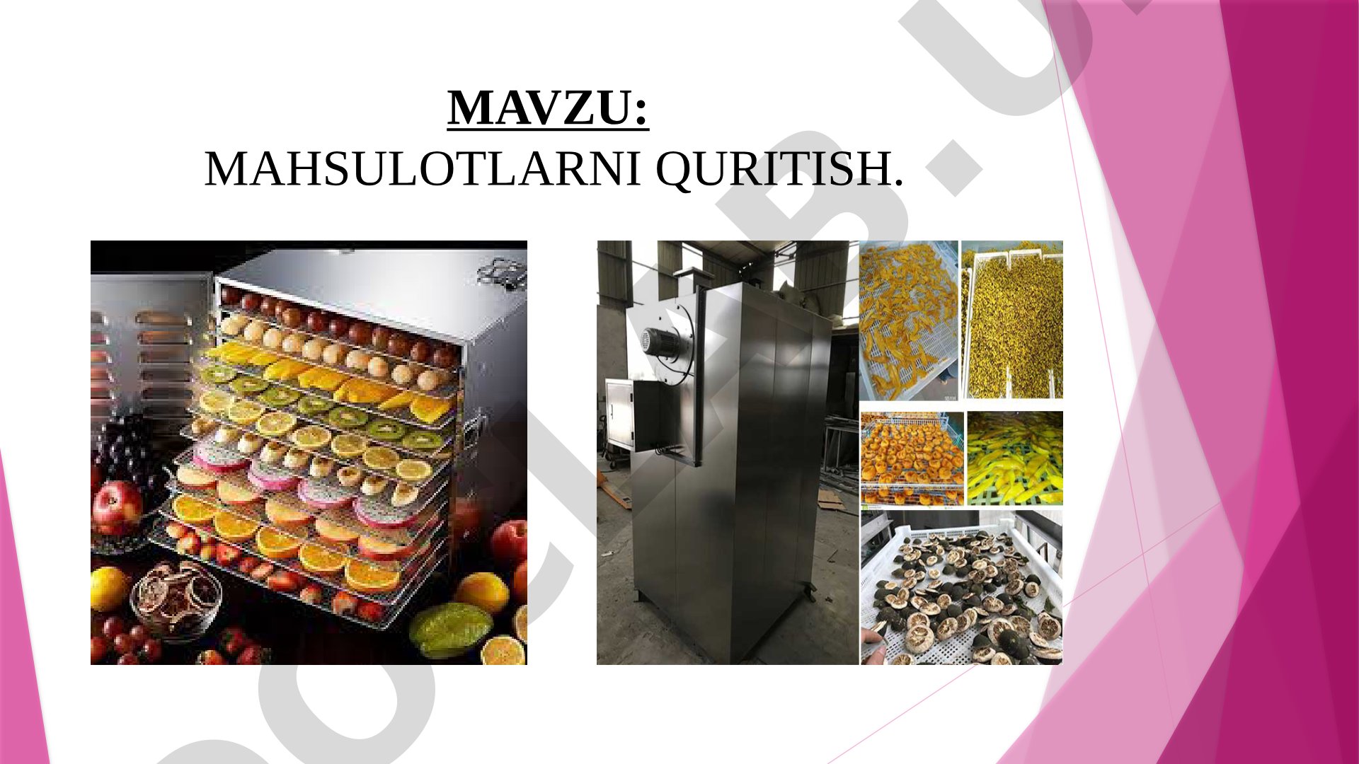 Quritish jarayoni turlari, texnologiyalari va qishloq xo'jaligi mahsulotlarini quritishda