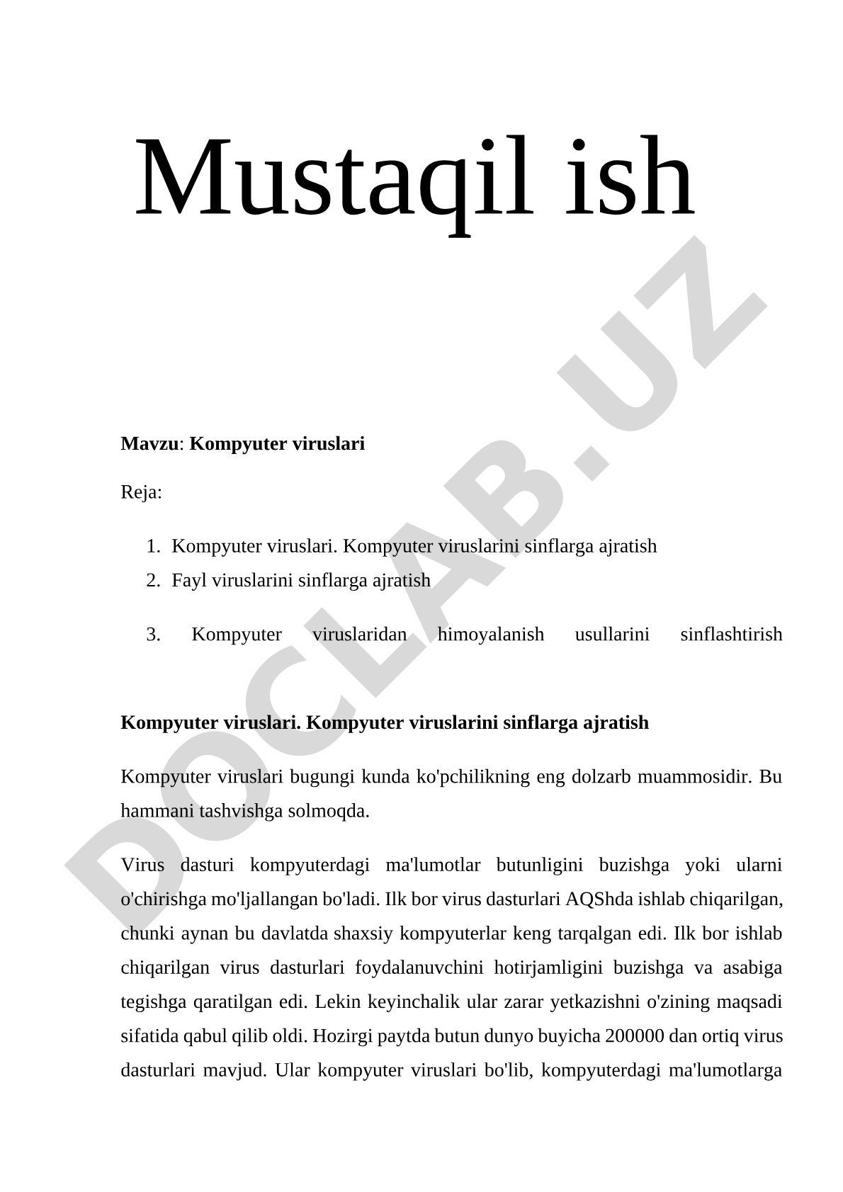 Kompyuter viruslari, ularning sinflari va himoyalanish usullari haqida mustaqil ish