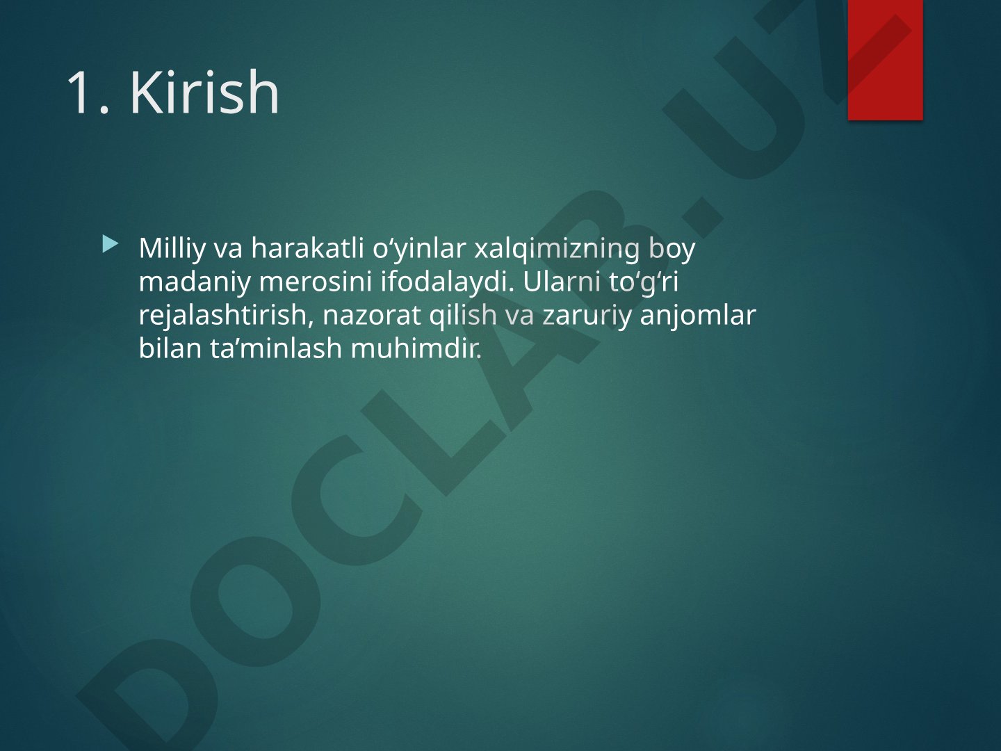 Milliy va harakatli o‘yinlarni rejalashtirish, nazorat qilish va sport anjomlari bilan ta’minlash