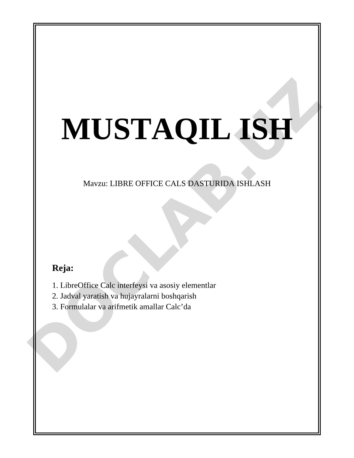 LIBRE OFFICE CALS DASTURIDA ISHLASH