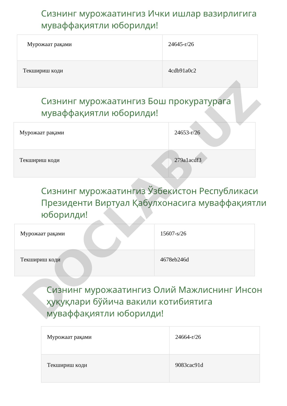 Мурожаатларнинг юборилиши ҳақида хабарлар