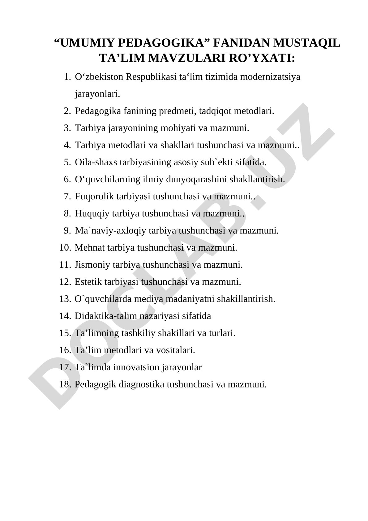 Umumiy pedagogika fanidan mustaqil ta'lim mavzulari ro'yxati