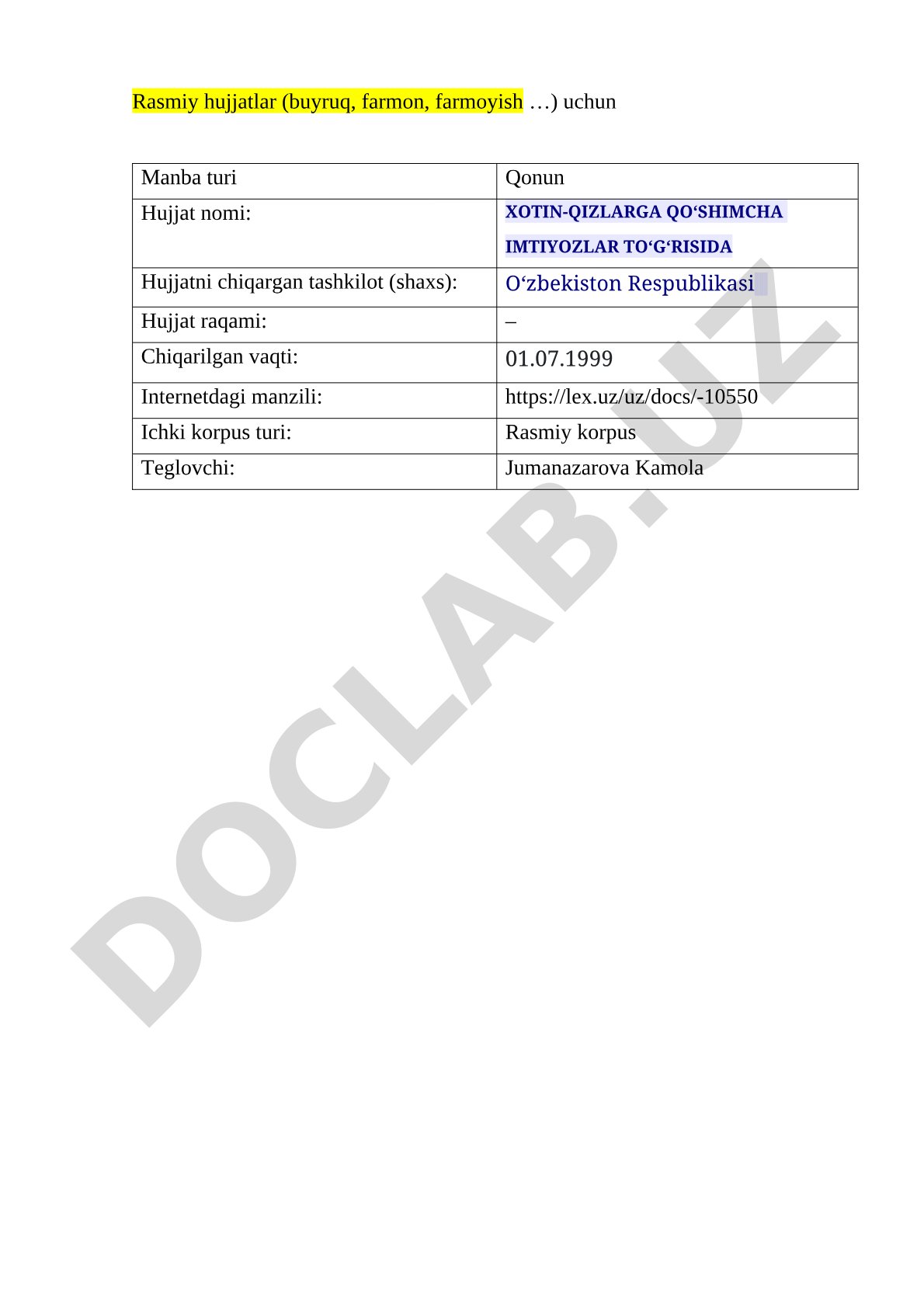 Xotin-qizlarga qo'shimcha imtiyozlar to'g'risida