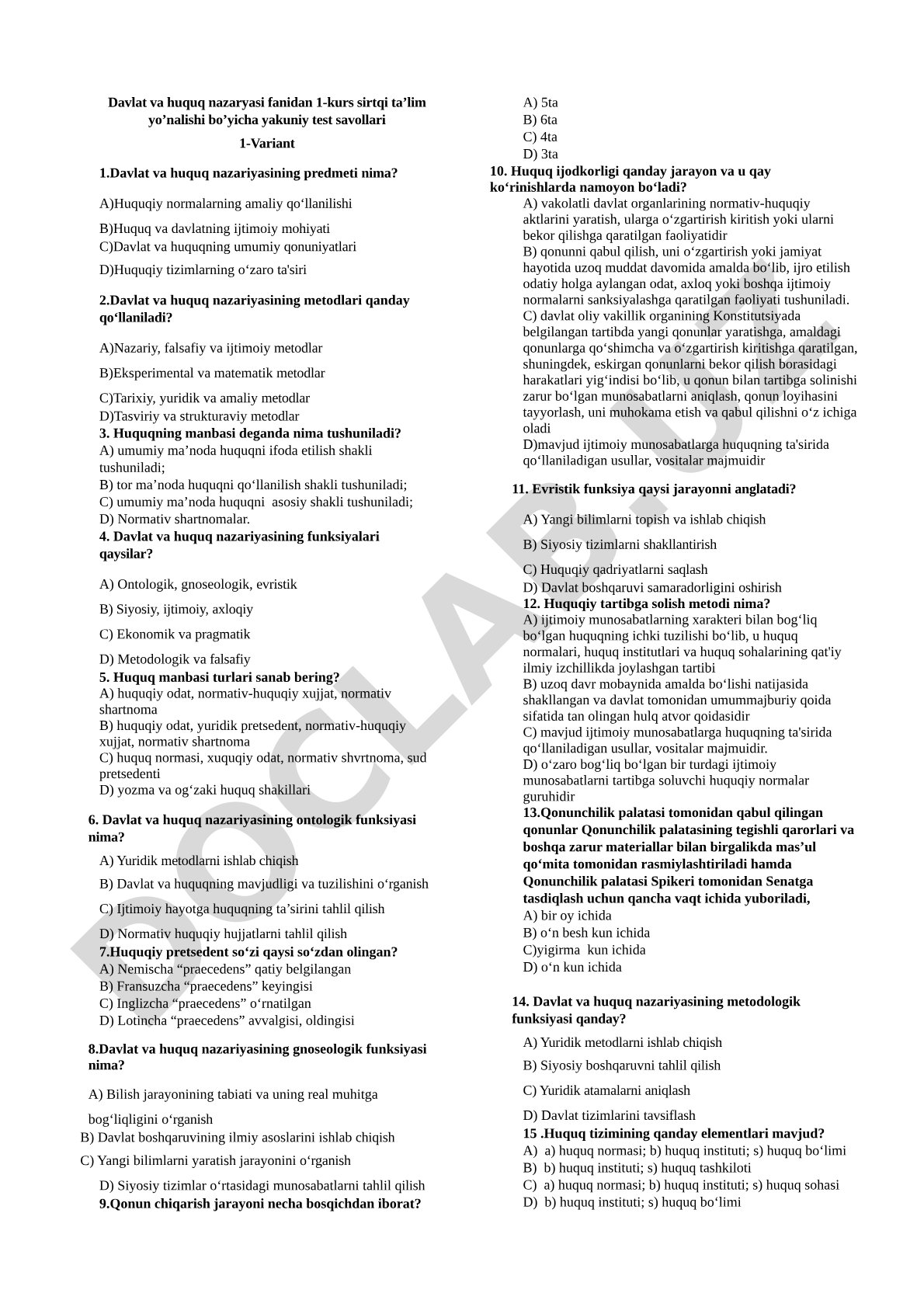 Davlat va huquq nazariyasi fanidan yakuniy test savollari