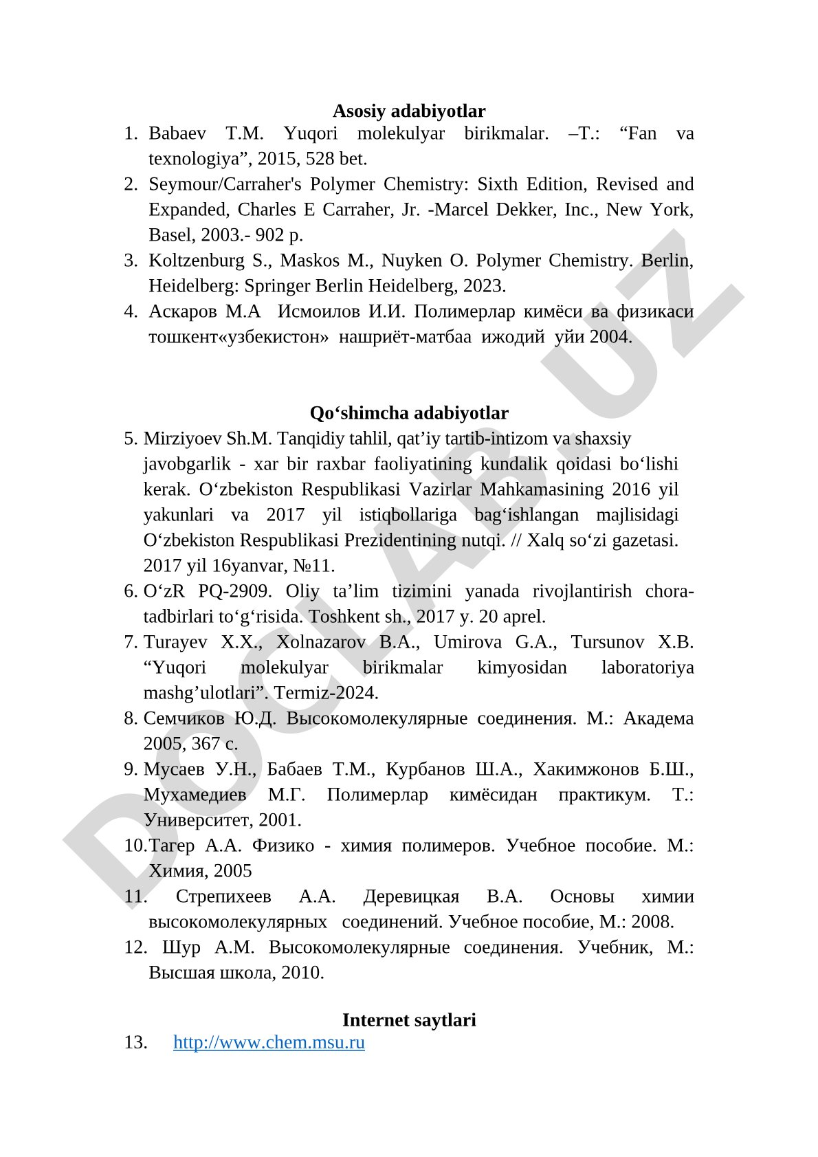 Yuqori molekulyar birikmalar fanidan adabiyotlar ro'yxati