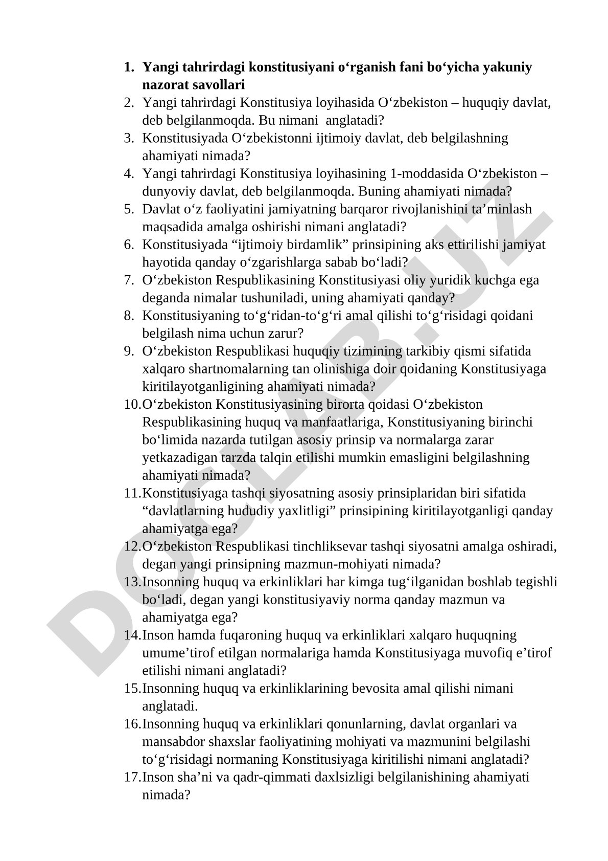 Yangi tahrirdagi konstitusiyani o‘rganish fanidan yakuniy nazorat savollari