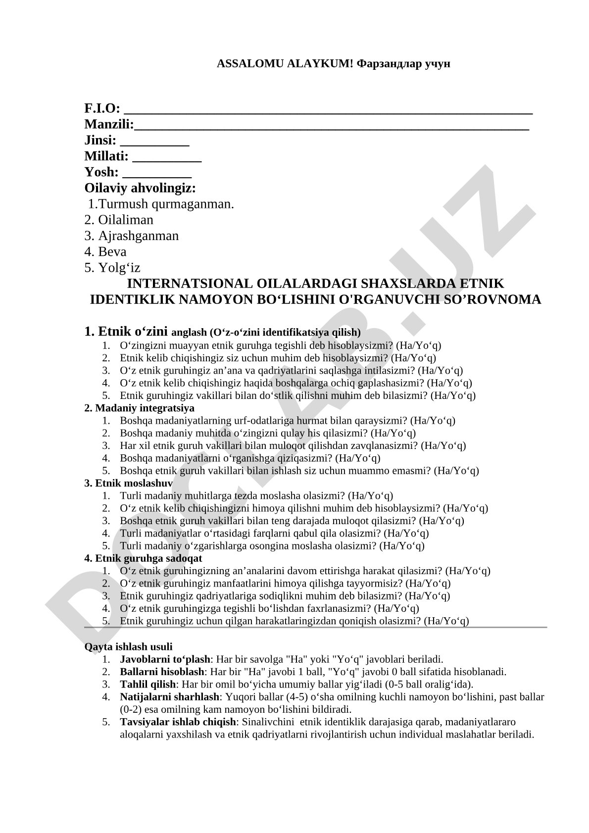 Internatsional oilalardagi shaxslarda etnik identiklik namoyon bo'lishini o'rganuvchi so'rovnoma