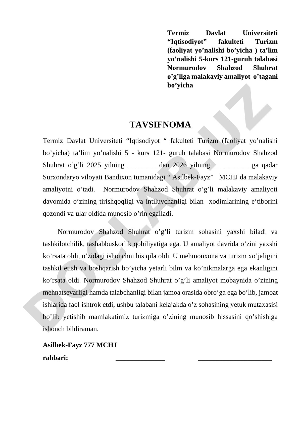 Normurodov Shahzod Shuhrat o'g'liga malakaviy amaliyot o'tagani bo'yicha tavsifnoma