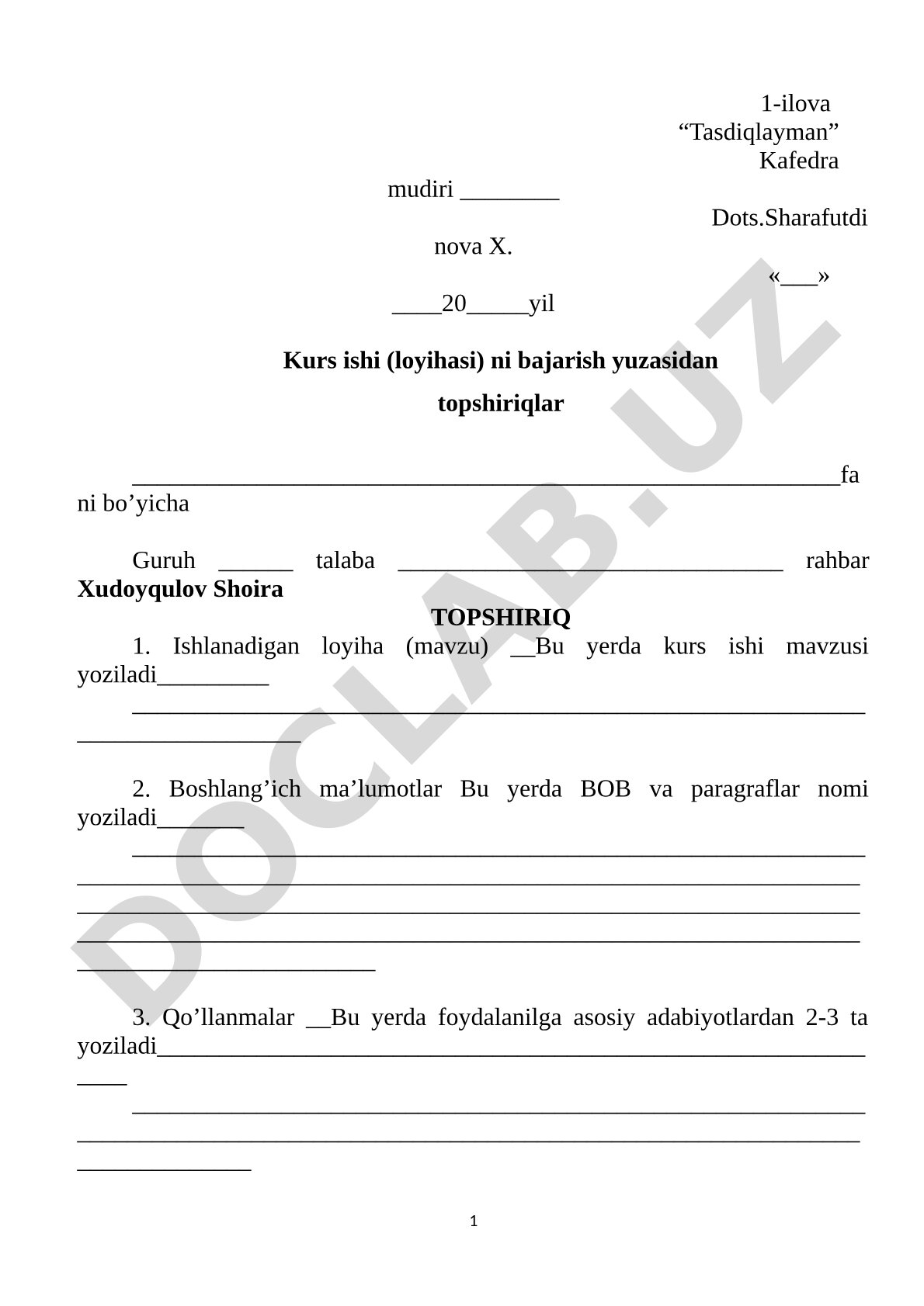 Kurs ishi (loyihasi) ni bajarish yuzasidan topshiriqlar