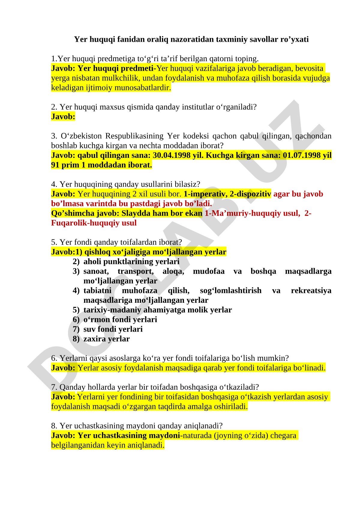 Yer huquqi fanidan oraliq nazorat savollari