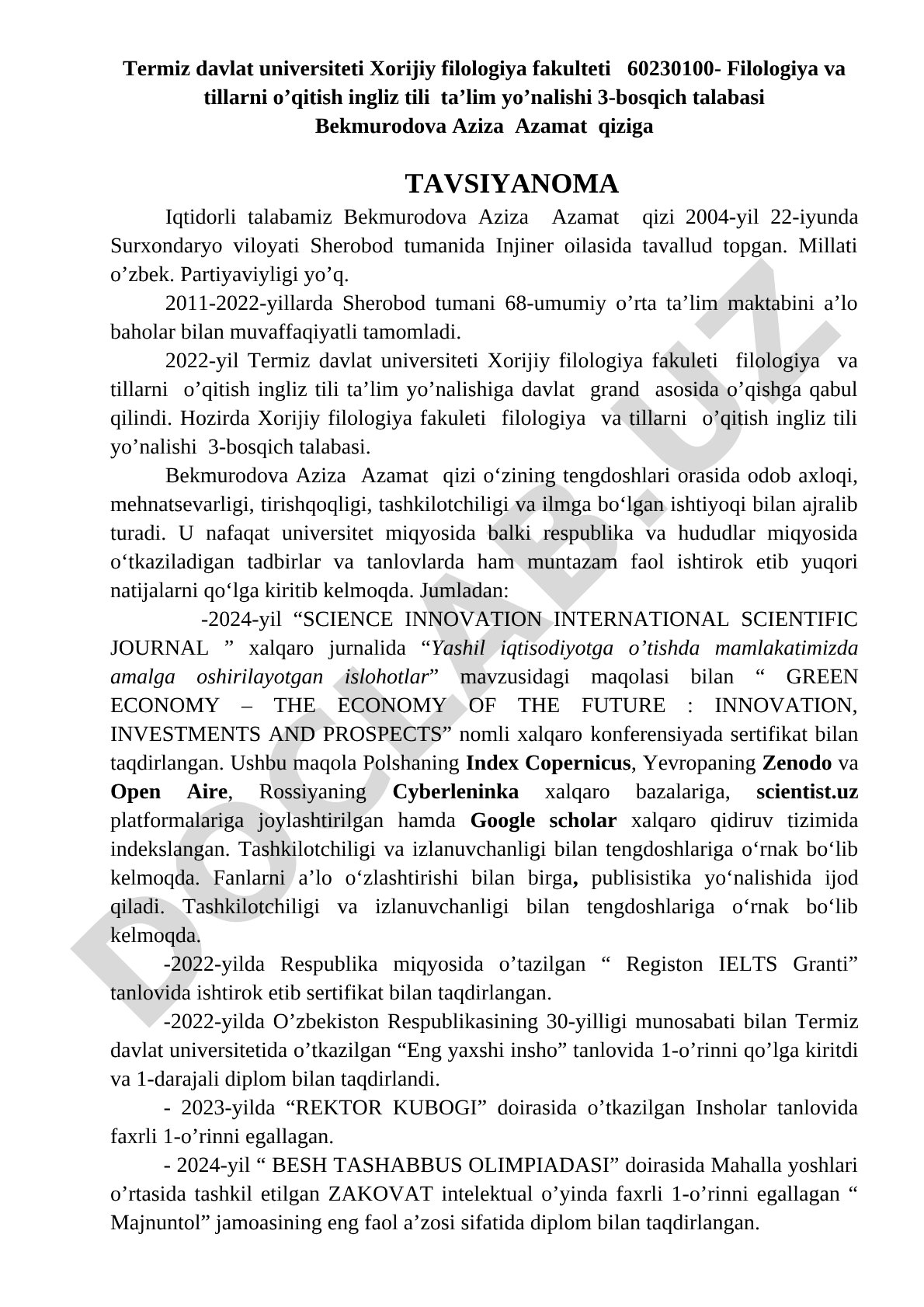 Bekmurodova Aziza Azamat qiziga tavsiyanoma