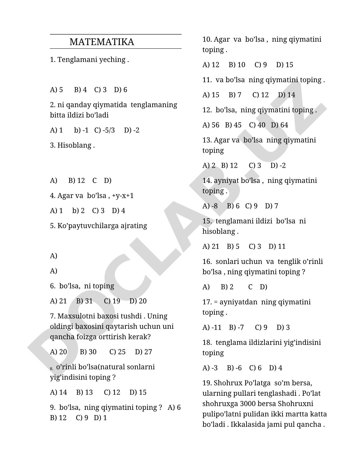 Matematika test savollari