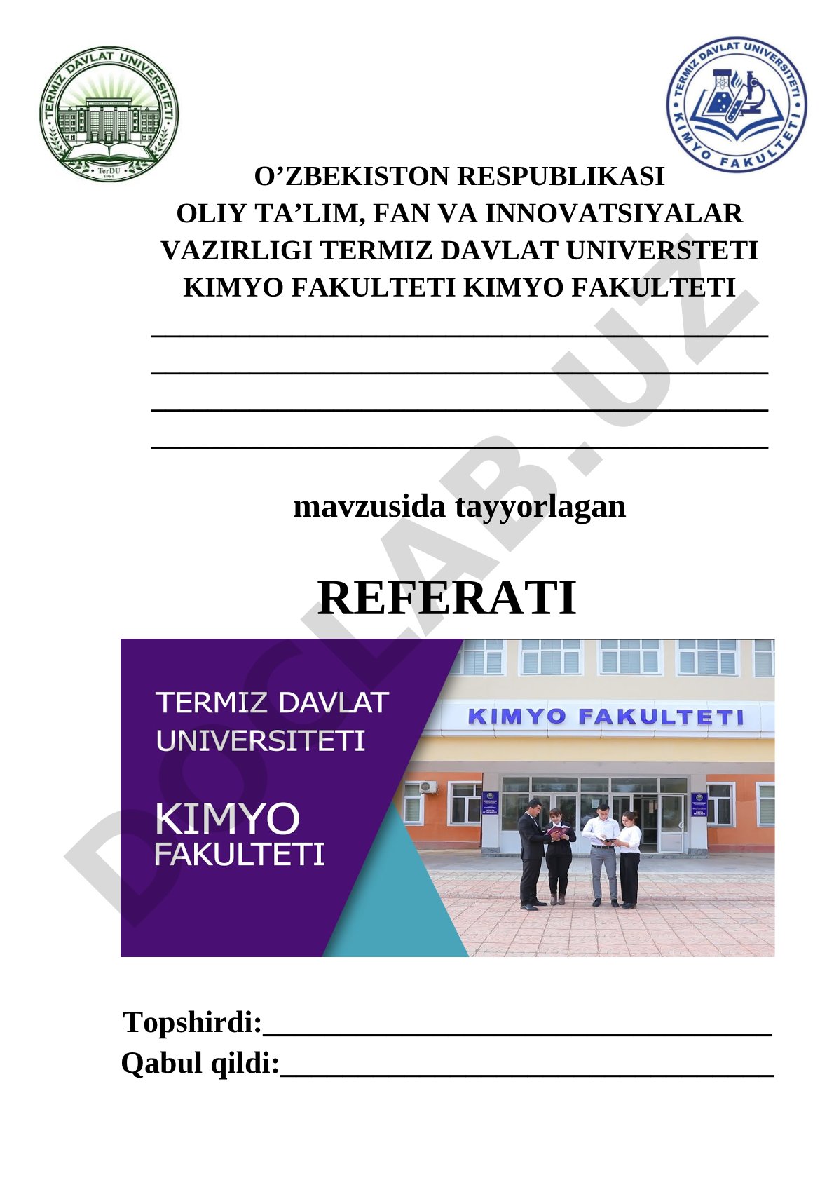 Referat mavzusi aniq ko'rsatilmagan