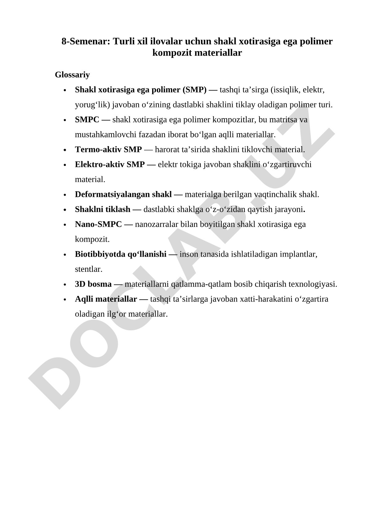Shakl xotirasiga ega polimer kompozit materiallar glossariy
