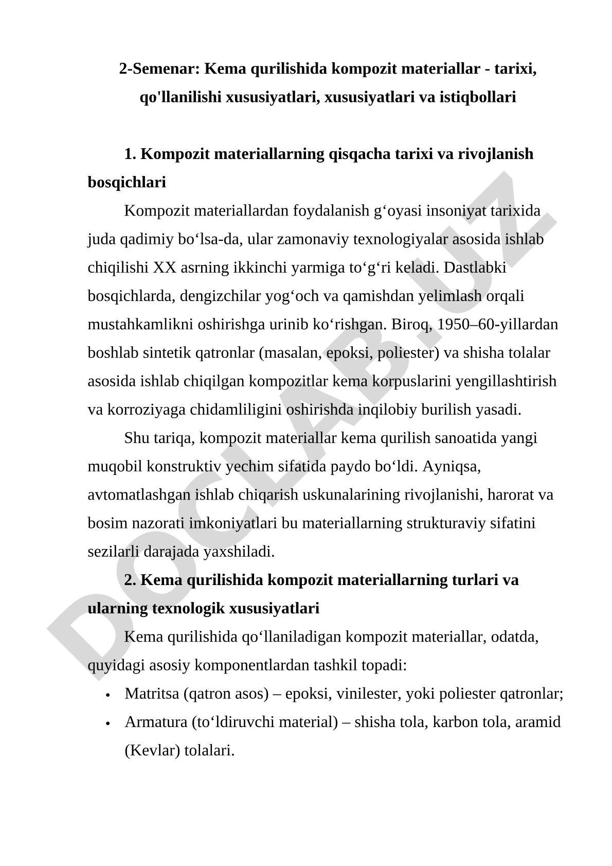 Kema qurilishida kompozit materiallar - tarixi, qo'llanilishi xususiyatlari va istiqbollari