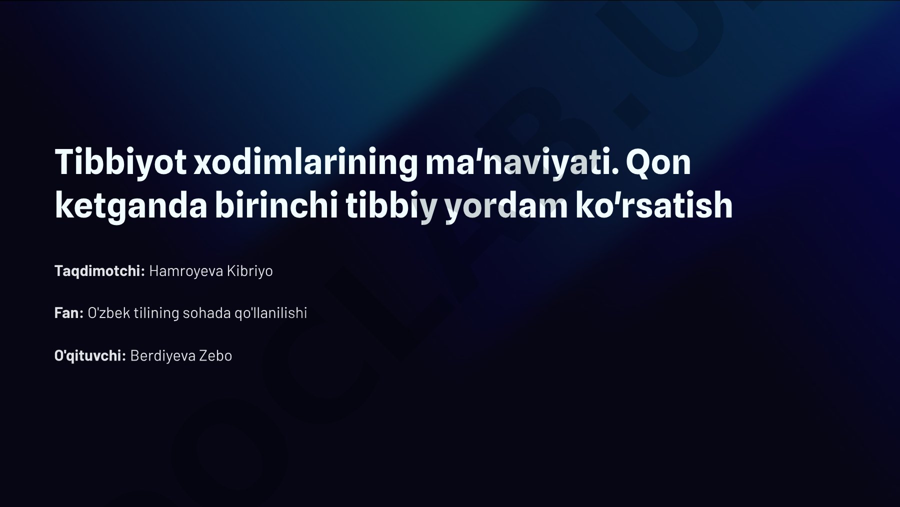Tibbiyot xodimlarining ma'naviyati va qon ketganda birinchi tibbiy yordam ko'rsatish
