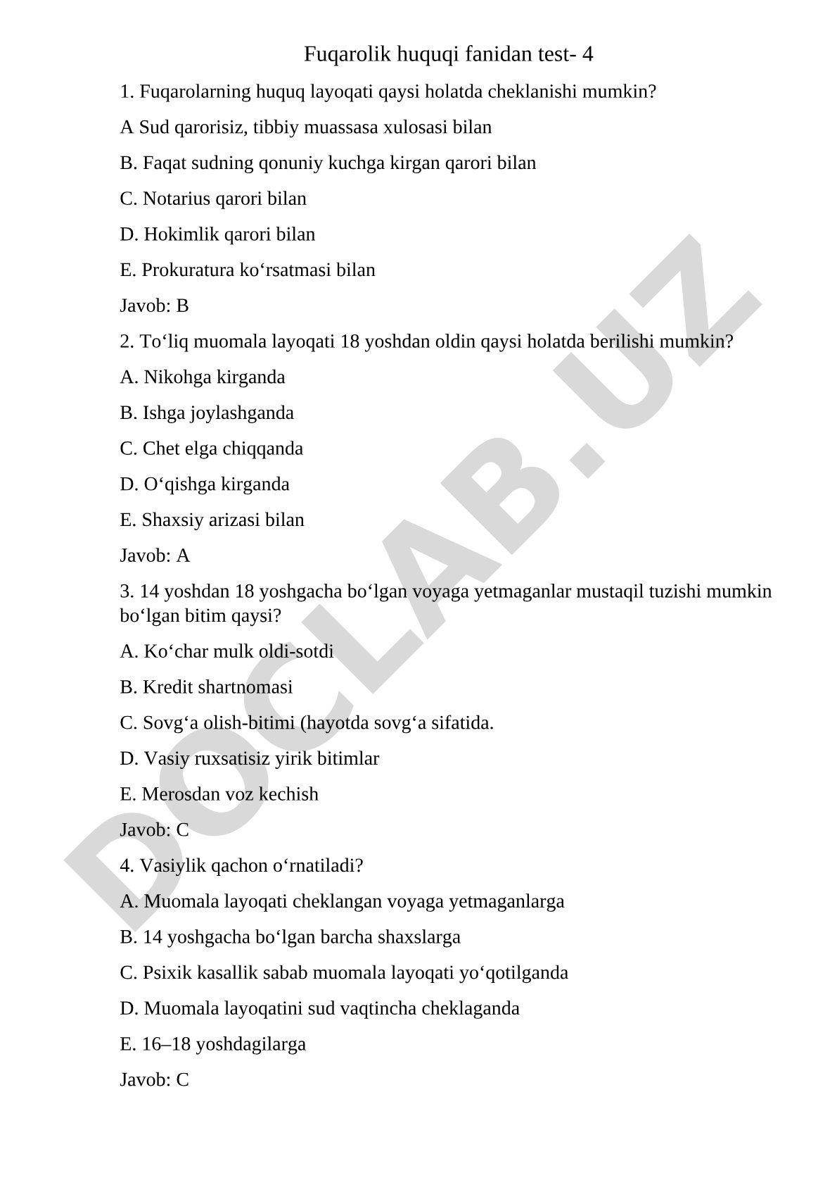 Fuqarolik huquqi fanidan test savollari