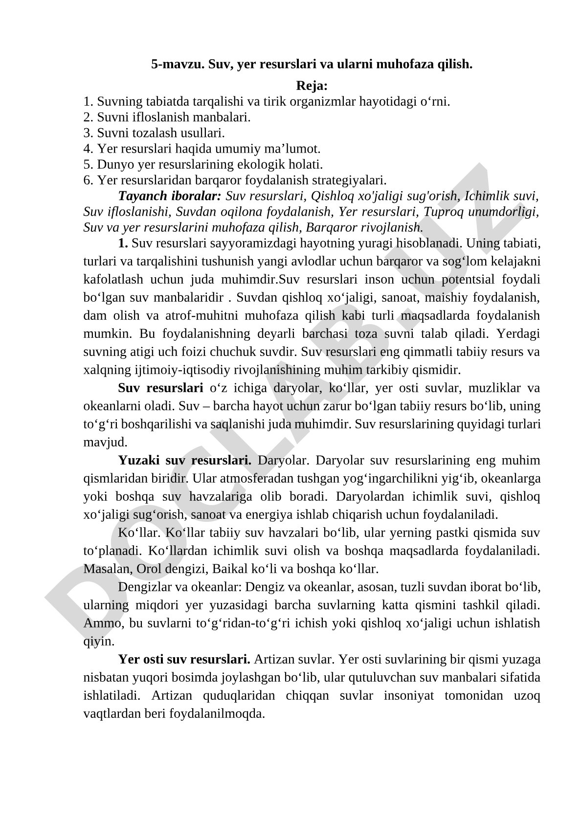Suv, yer resurslari va ularni muhofaza qilish