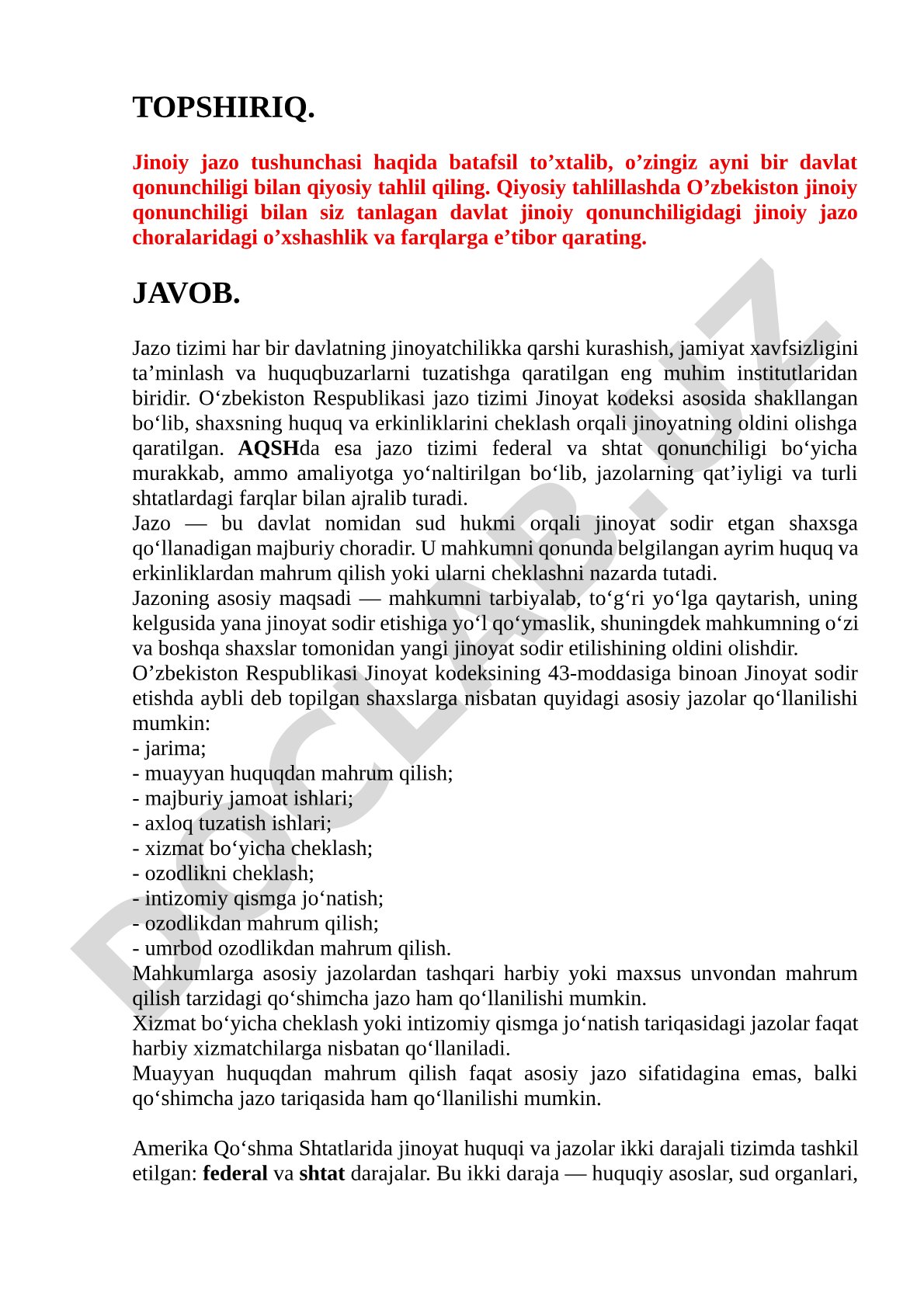 Jinoiy jazo tushunchasi va O'zbekiston hamda AQSh jinoiy qonunchiligidagi jazo tizimining qiyosiy tahlili