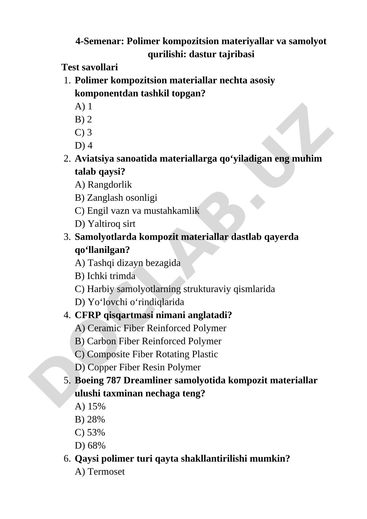 Polimer kompozitsion materiallar va samolyot qurilishi test savollari