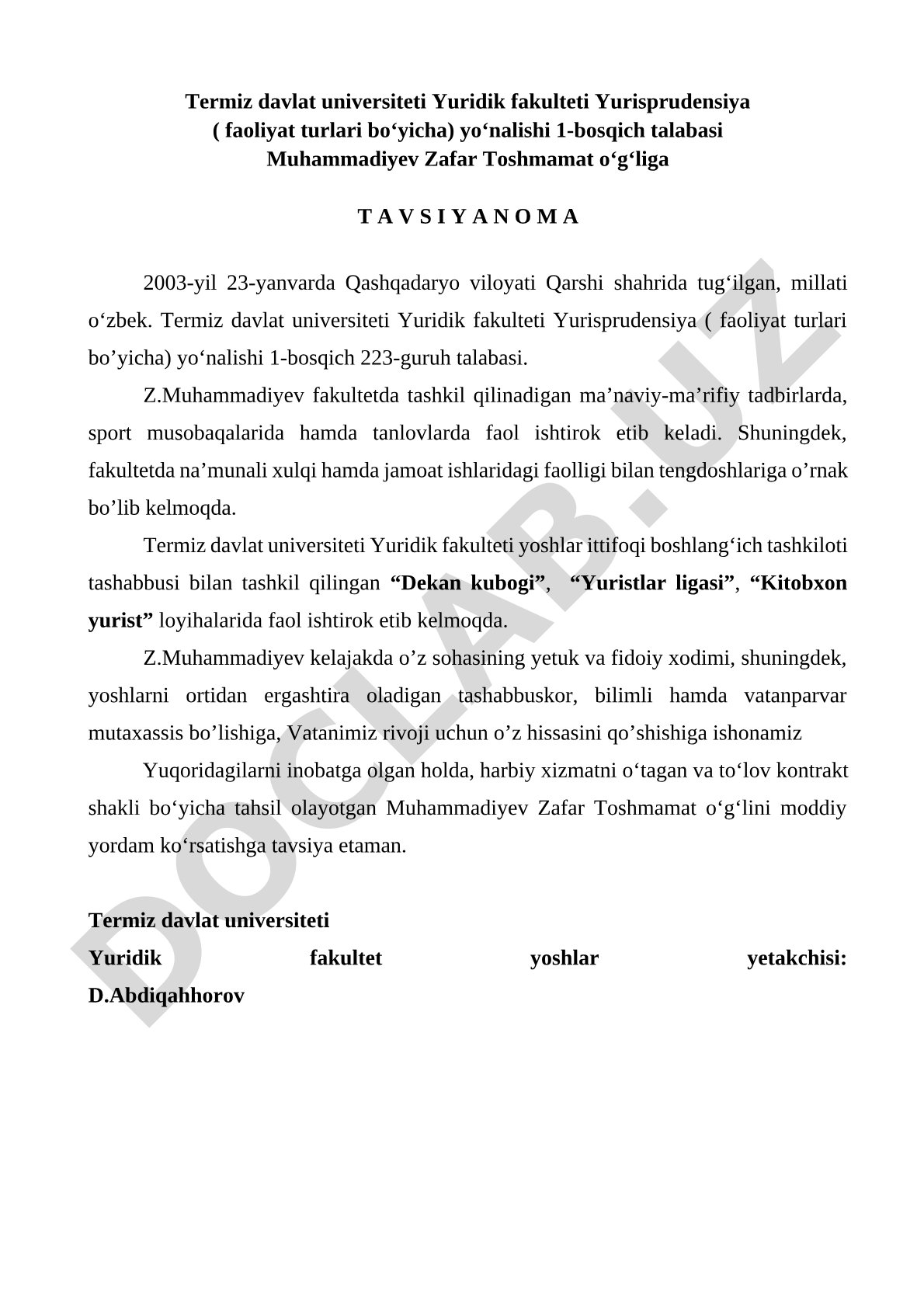 Muhammadiyev Zafar Toshmamat o'g'liga tavsiyanoma