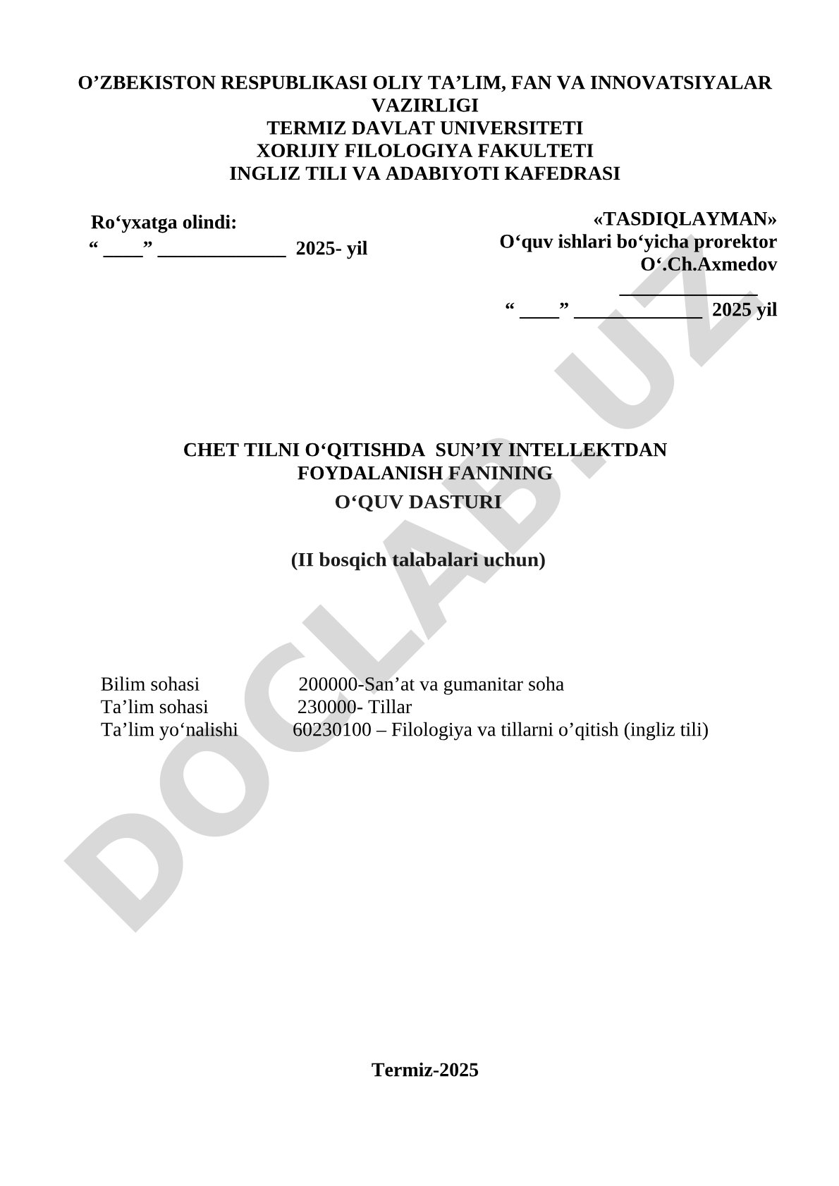Chet tilini o'qitishda sun'iy intellektdan foydalanish fanining o'quv dasturi