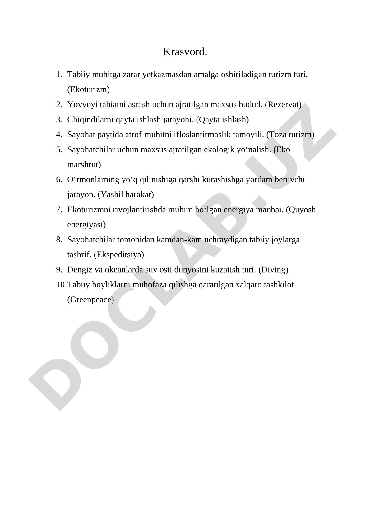 Ekoturizm va tabiatni muhofaza qilishga oid krossvord