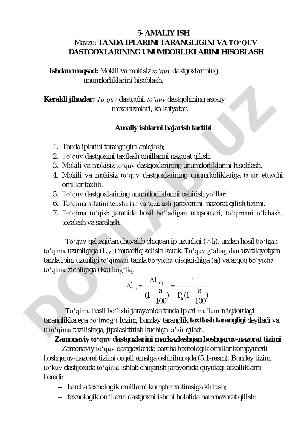 Tanda iplarini tarangligini va to‘quv dastgoxlarining unumdorliklarini hisoblash