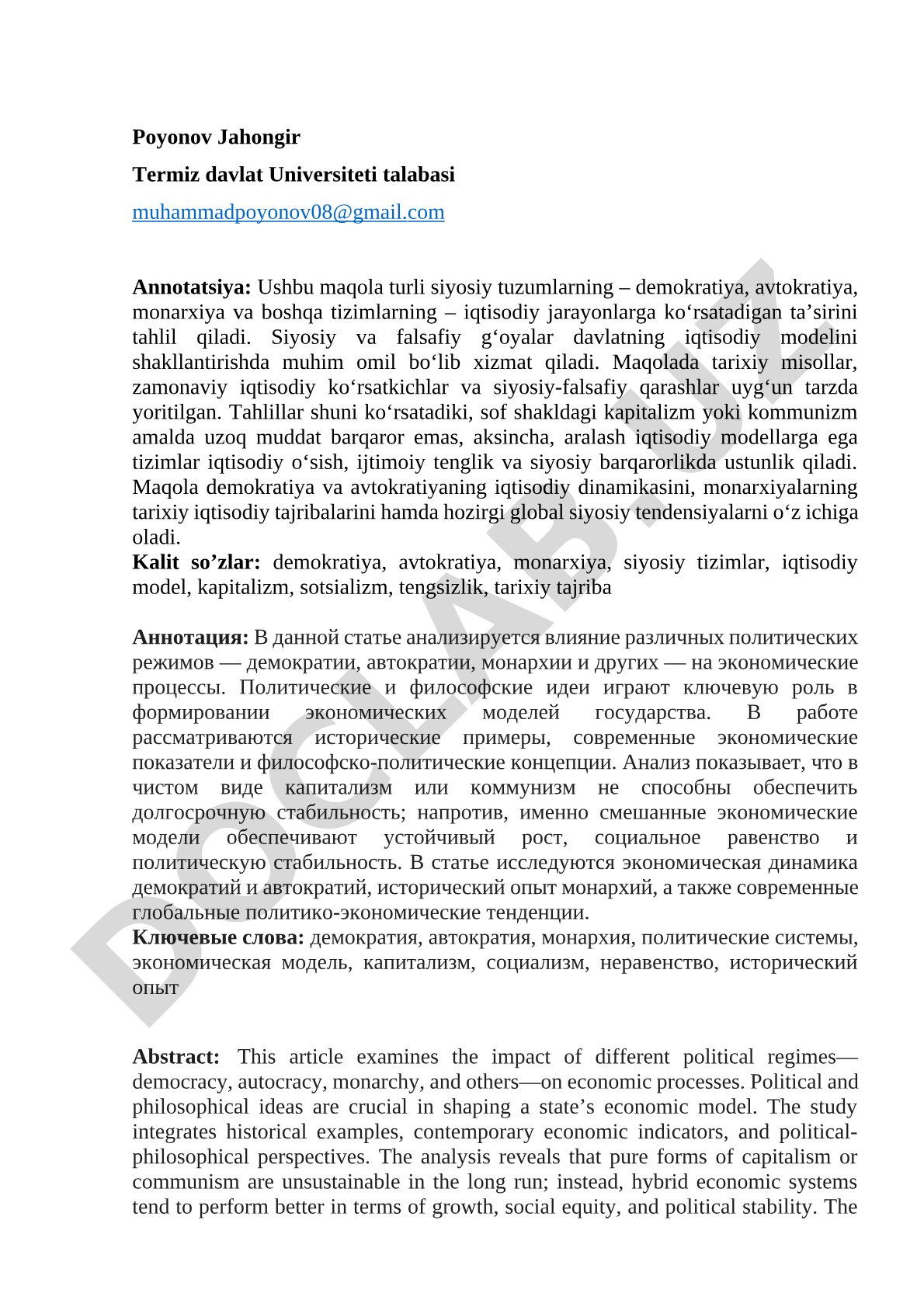 Siyosiy tuzumlarning iqtisodiy jarayonlarga ta'siri