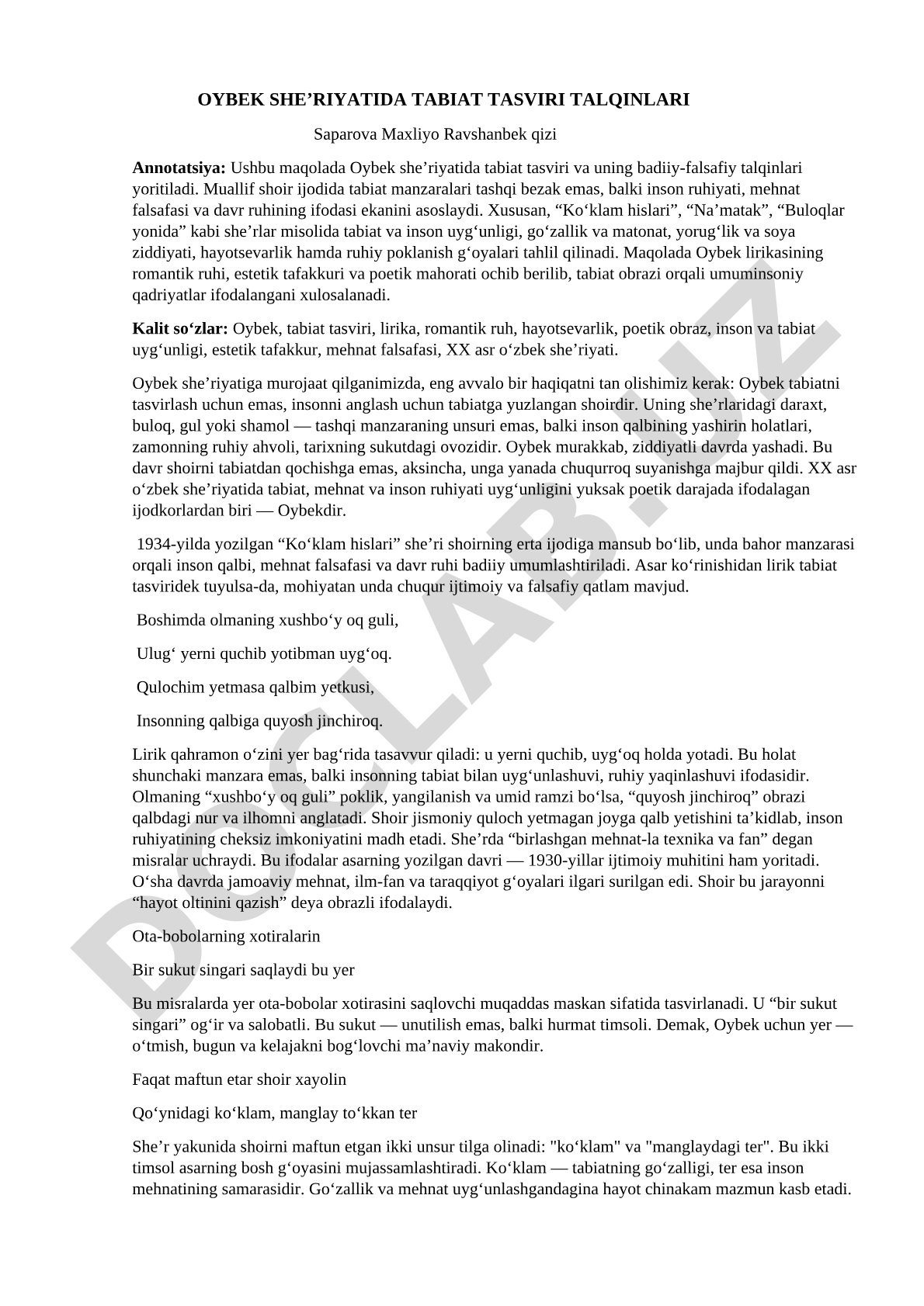Oybek she’riyatida tabiat tasviri talqinlari