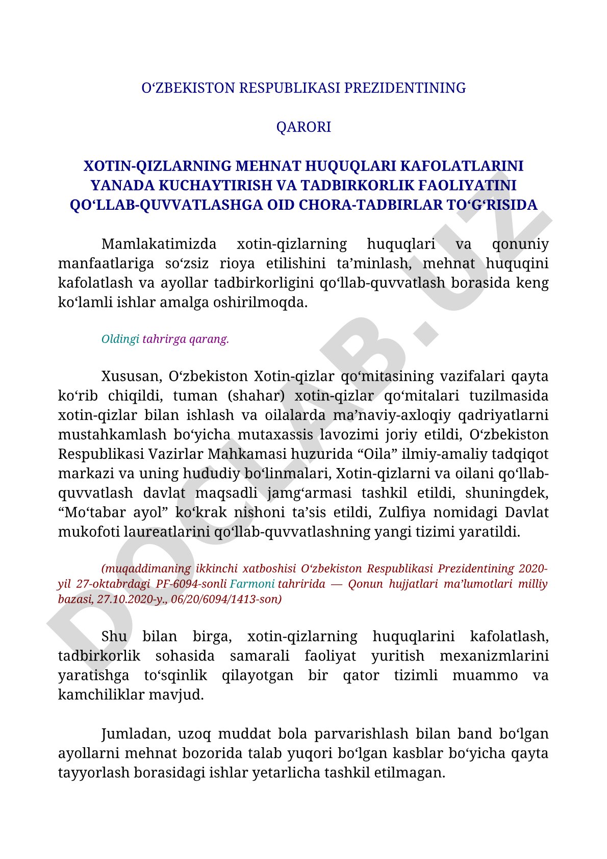 Xotin-qizlarning mehnat huquqlari kafolatlarini kuchaytirish va tadbirkorlik faoliyatini qo'llab-quvvatlash chora-tadbirlari