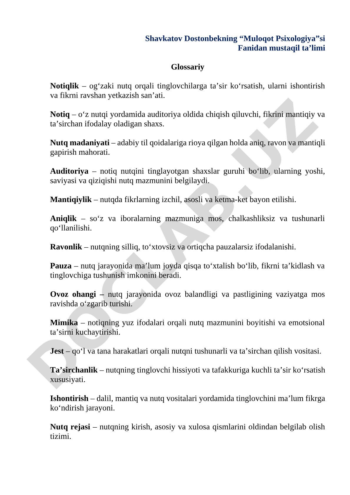 Muloqot psixologiyasi fanidan mustaqil ta'lim glossariy
