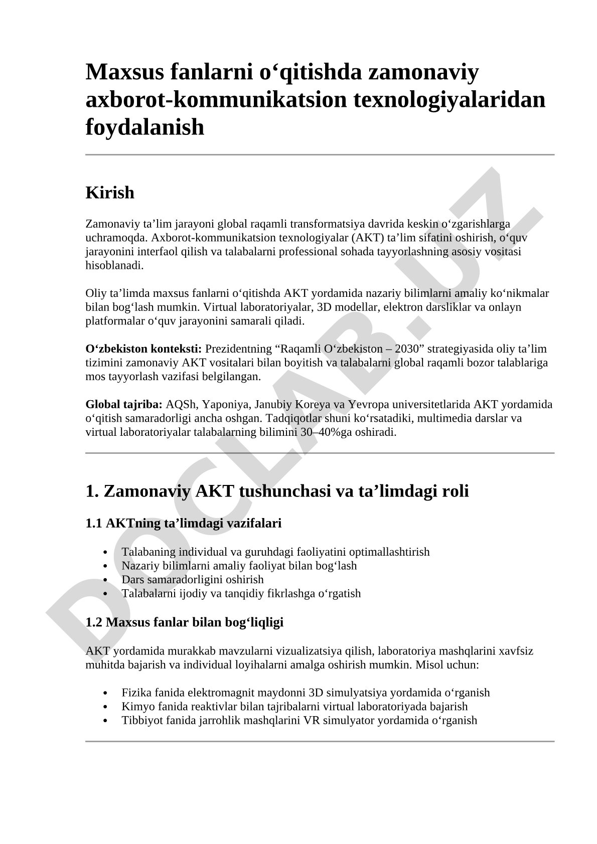 Maxsus fanlarni o‘qitishda zamonaviy axborot-kommunikatsion texnologiyalaridan foydalanish