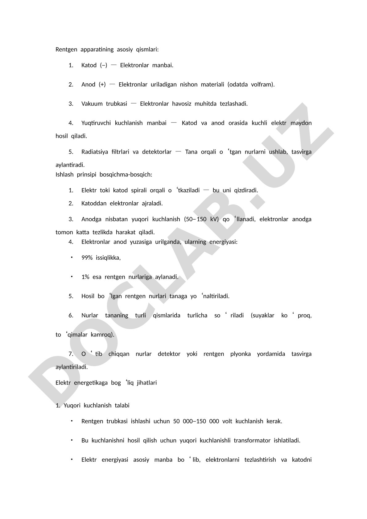 Rentgen apparatining asosiy qismlari va ishlash prinsipi