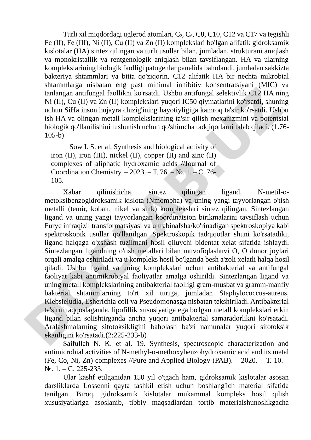 Alifatik gidroksamik kislotalar va ularning metall komplekslarining sintezi va biologik faolligi