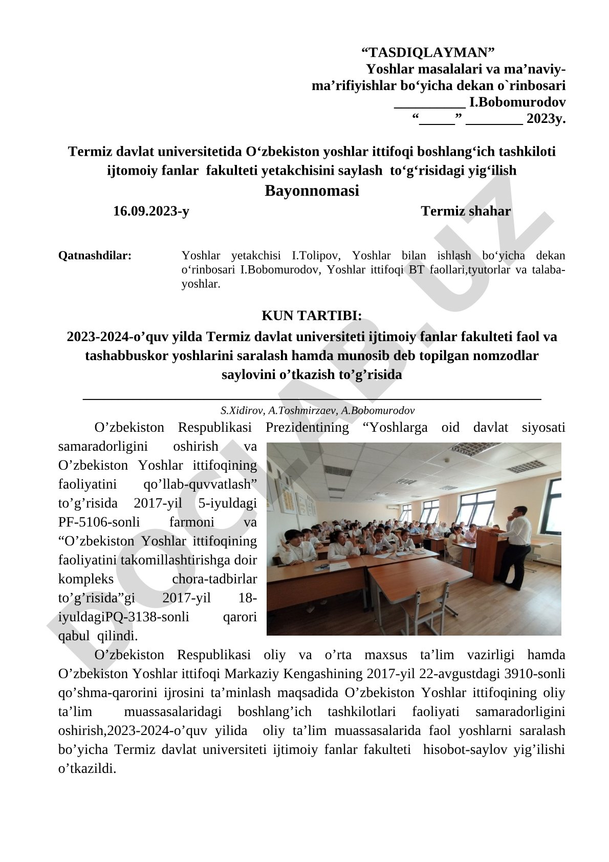 Termiz davlat universitetida O‘zbekiston yoshlar ittifoqi boshlang‘ich tashkiloti yetakchisini saylash yig‘ilishi bayonnomasi