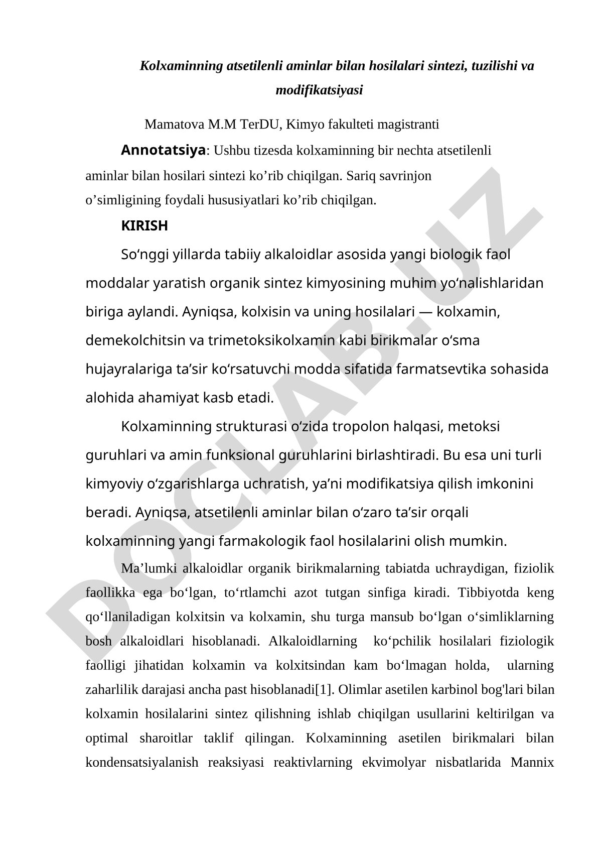 Kolxaminning atsetilenli aminlar bilan hosilalari sintezi, tuzilishi va modifikatsiyasi
