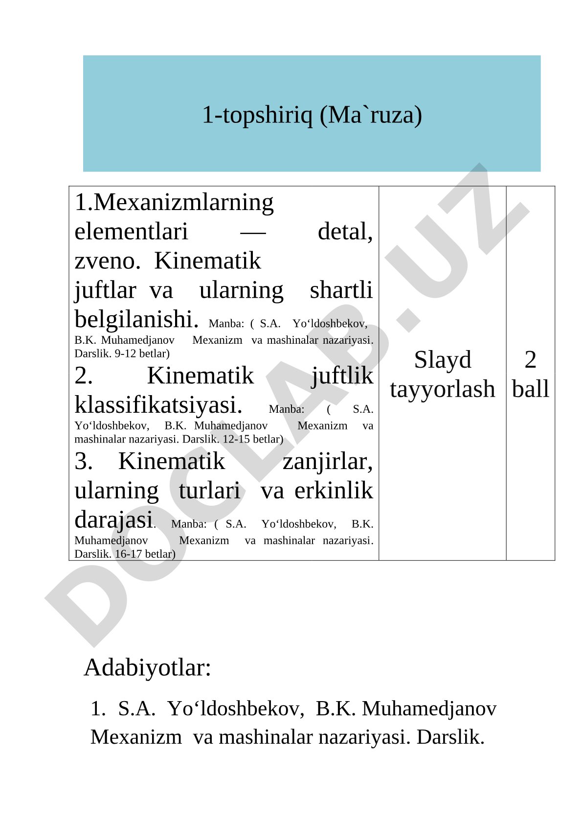 Mexanizmlarning elementlari, kinematik juftlar va zanjirlar