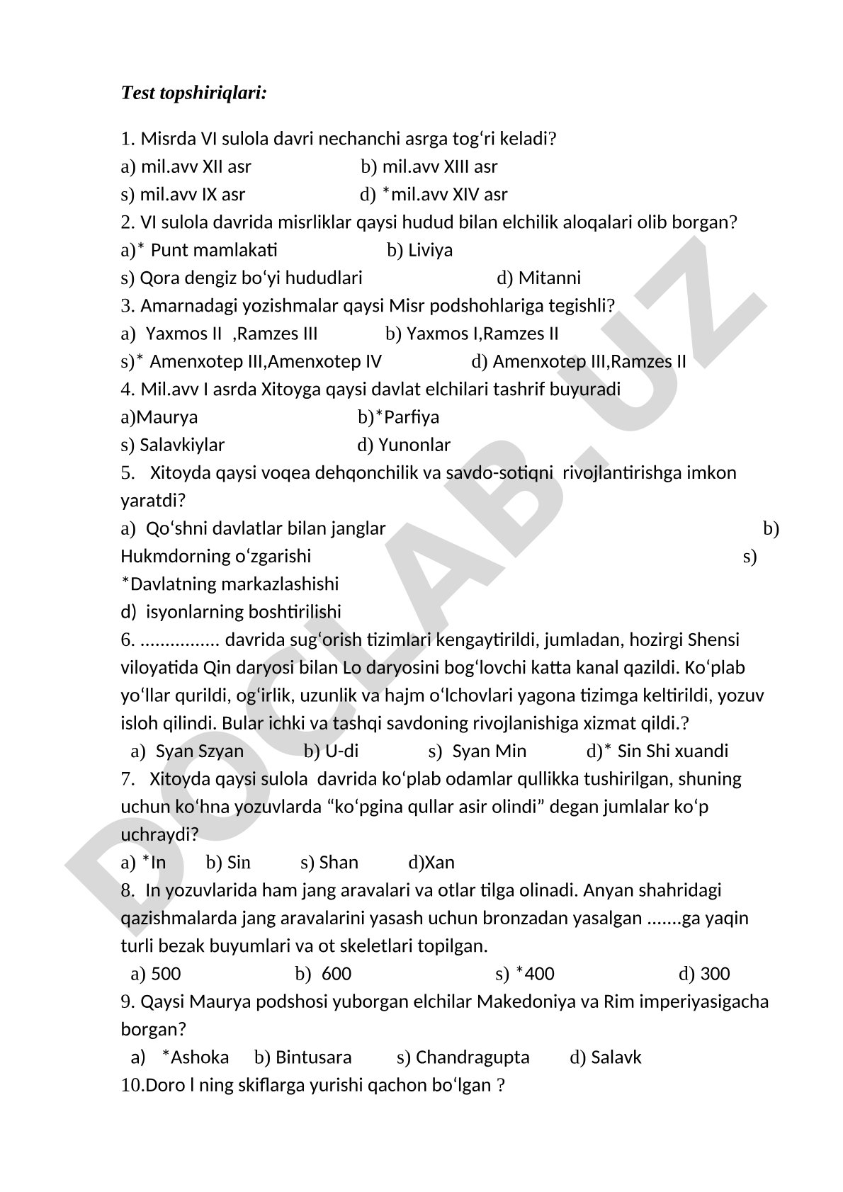 Test topshiriqlari: Misr va Xitoy tarixi
