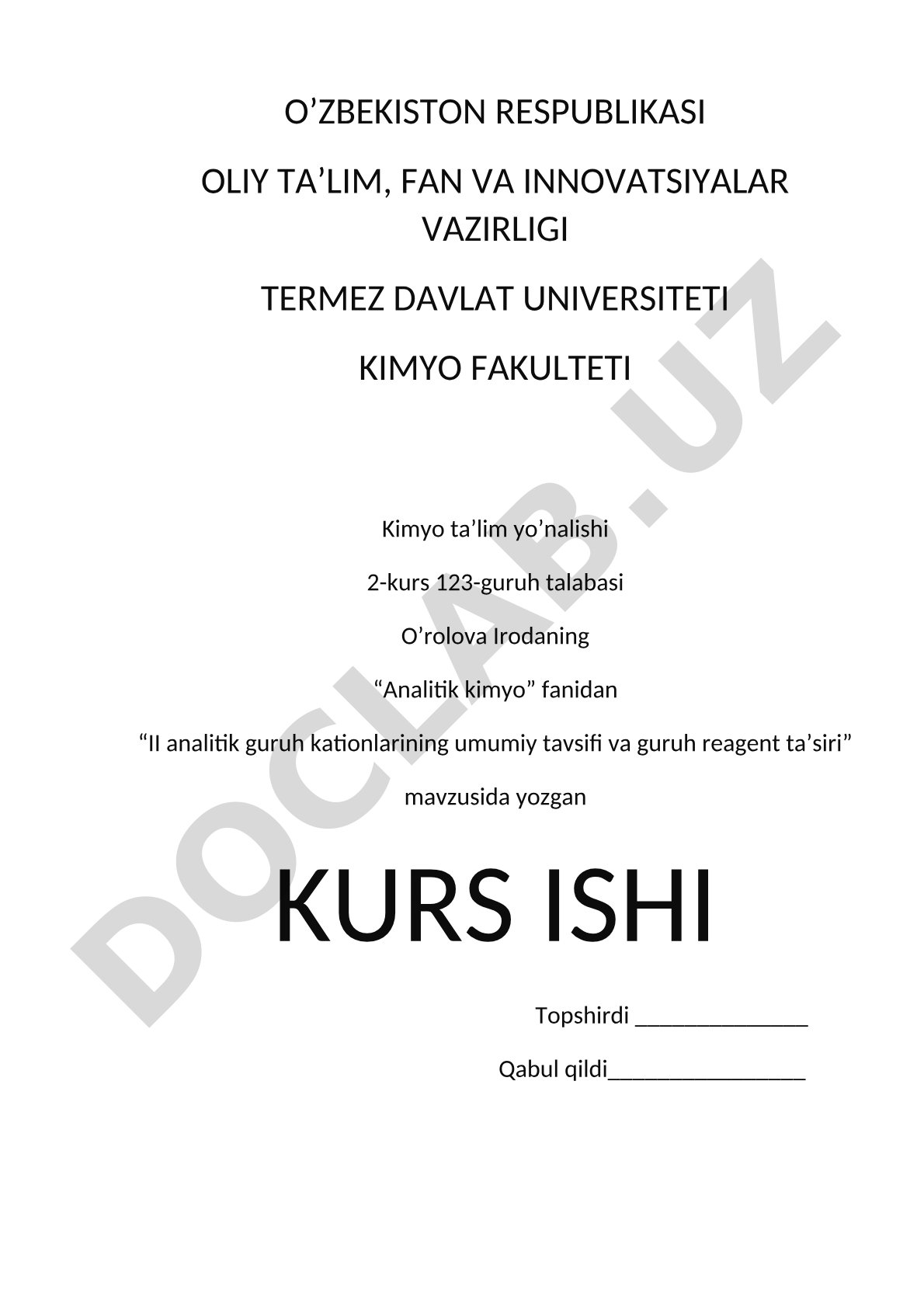 II analitik guruh kationlarining umumiy tavsifi va guruh reagent ta'siri
