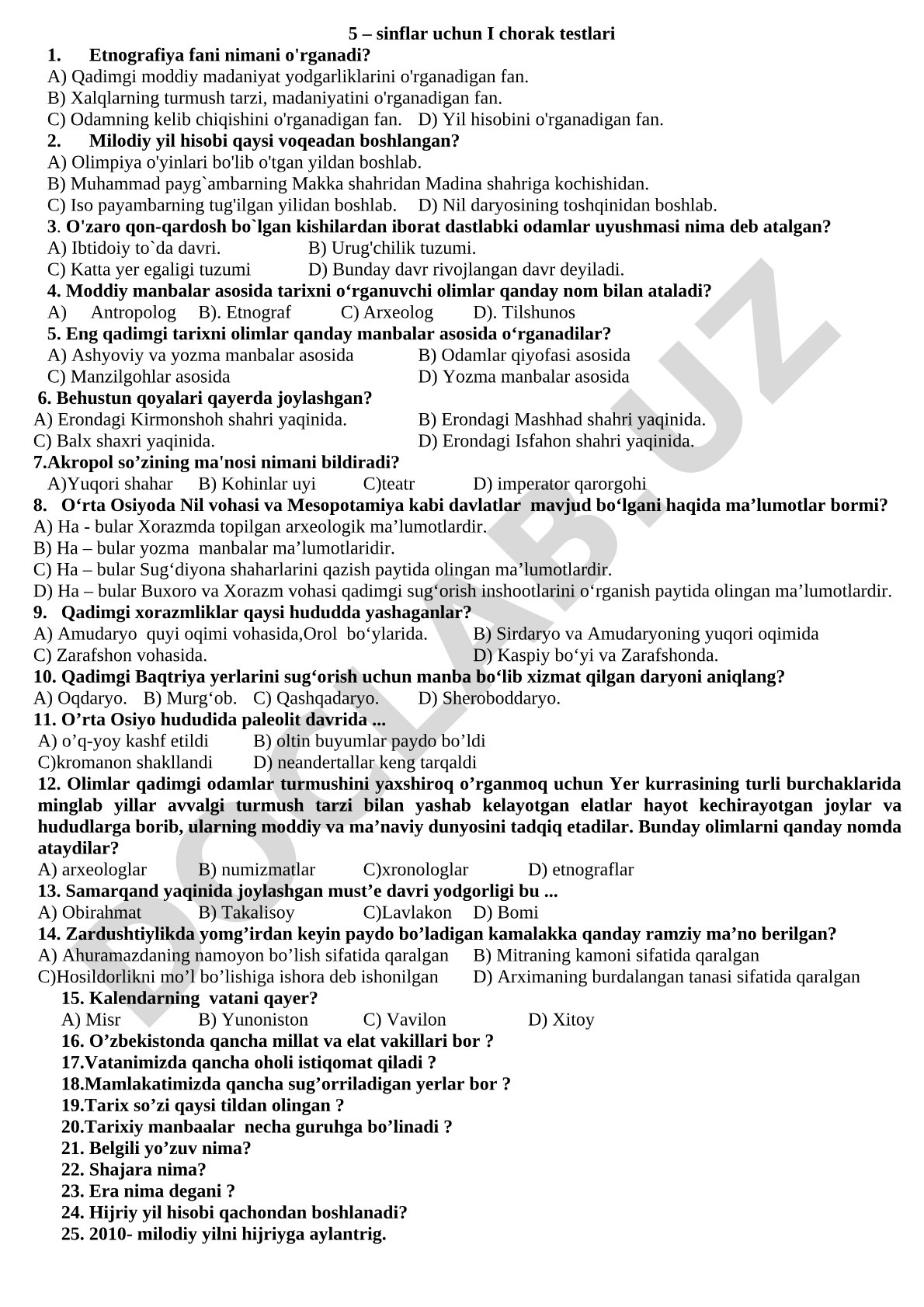 5-sinflar uchun I chorak testlari