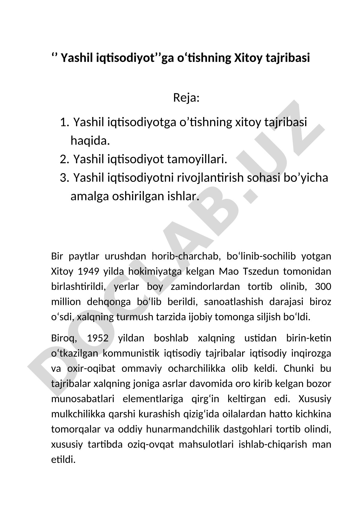 Yashil iqtisodiyotga o'tishning Xitoy tajribasi