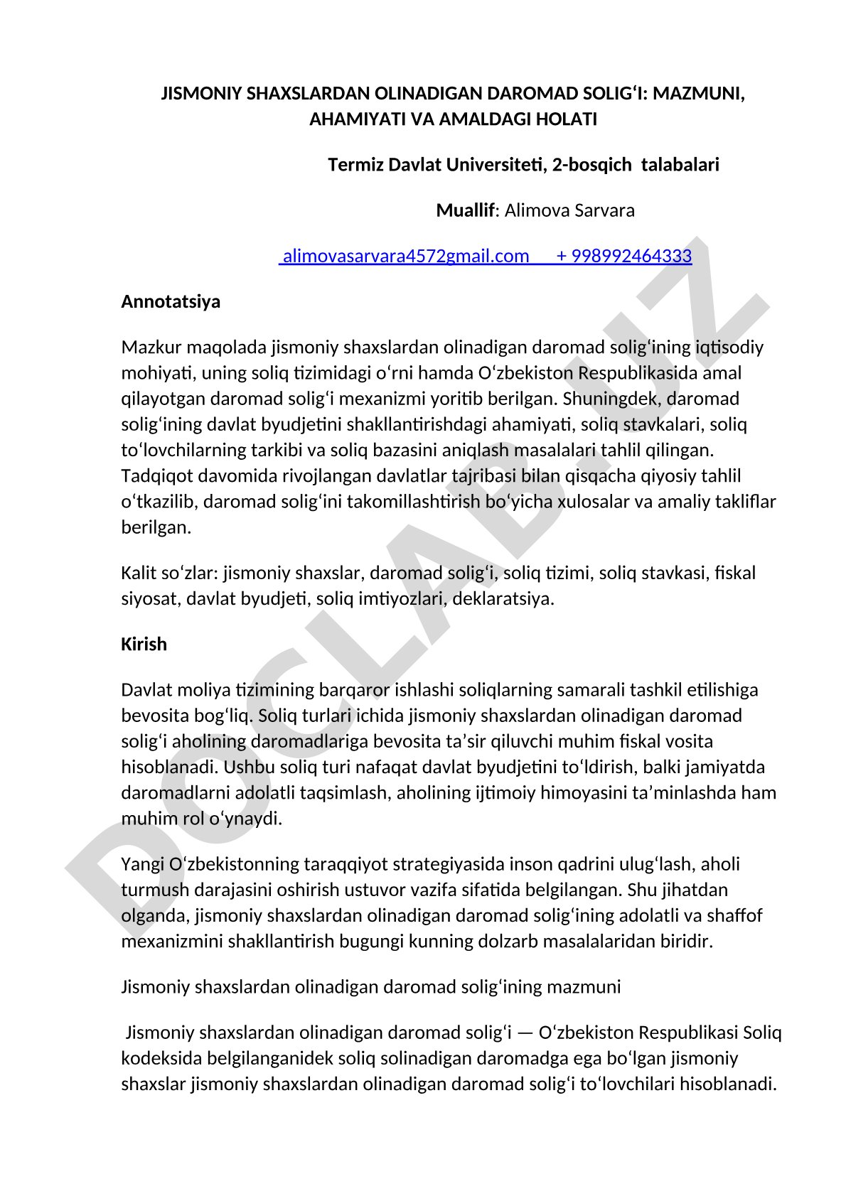 Jismoniy shaxslardan olinadigan daromad solig‘i: mazmuni, ahamiyati va amaldagi holati