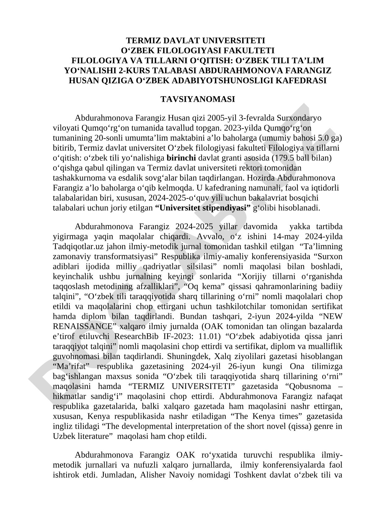 O'zbek adabiyotshunosligi kafedrasi tavsiyanomasi