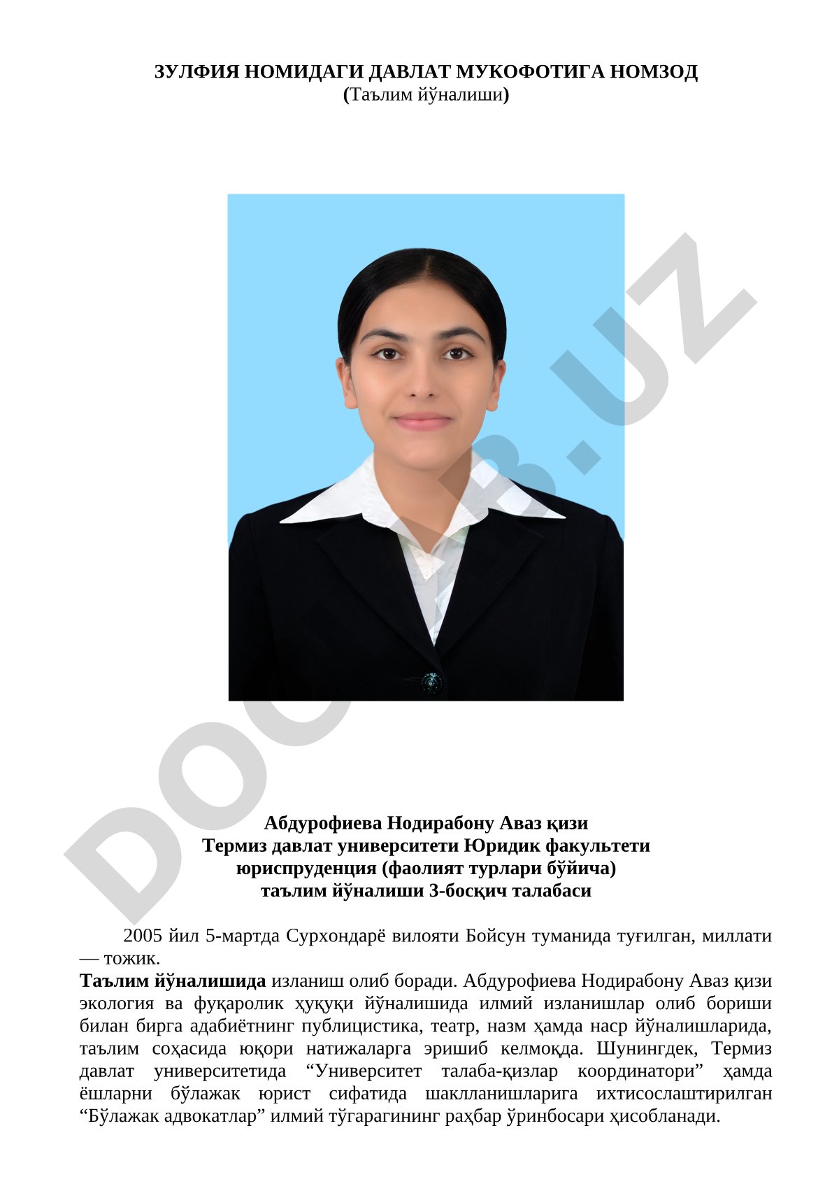 Зулфия номидаги давлат мукофотига номзод (Таълим йўналиши)