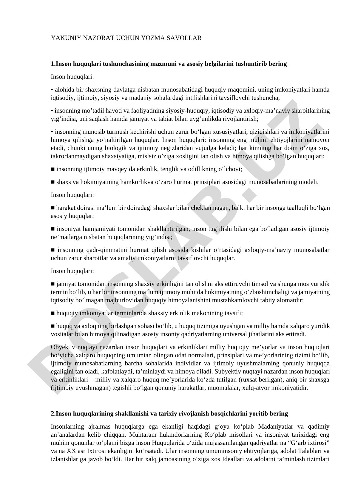 Inson huquqlari tushunchasining mazmuni va asosiy belgilari